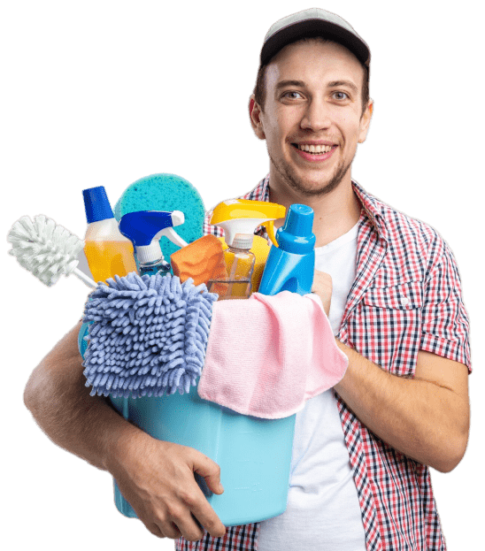 Happy cleaner with supplies